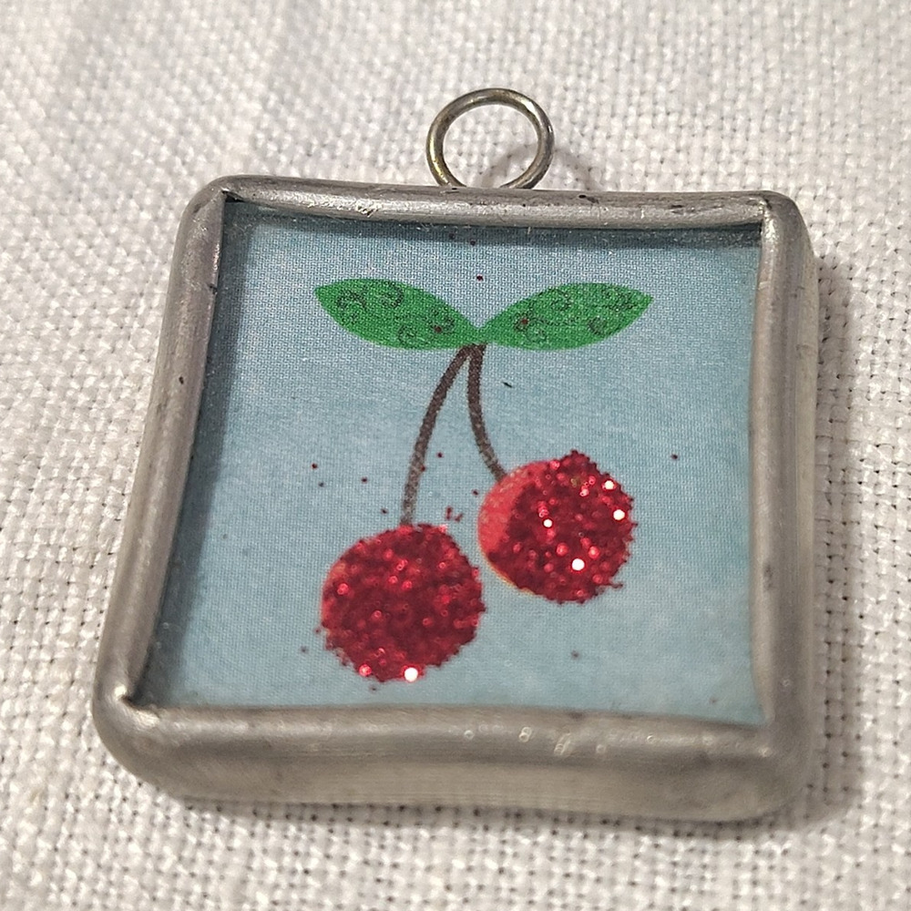 Square Cherry Fruit Glass Pendant Charm with Red Glitter, Silver Frame